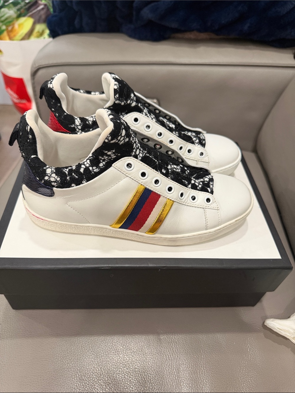 Gucci White Sneakers with Red, Blue & Gold Stripes and Black Lace Collar